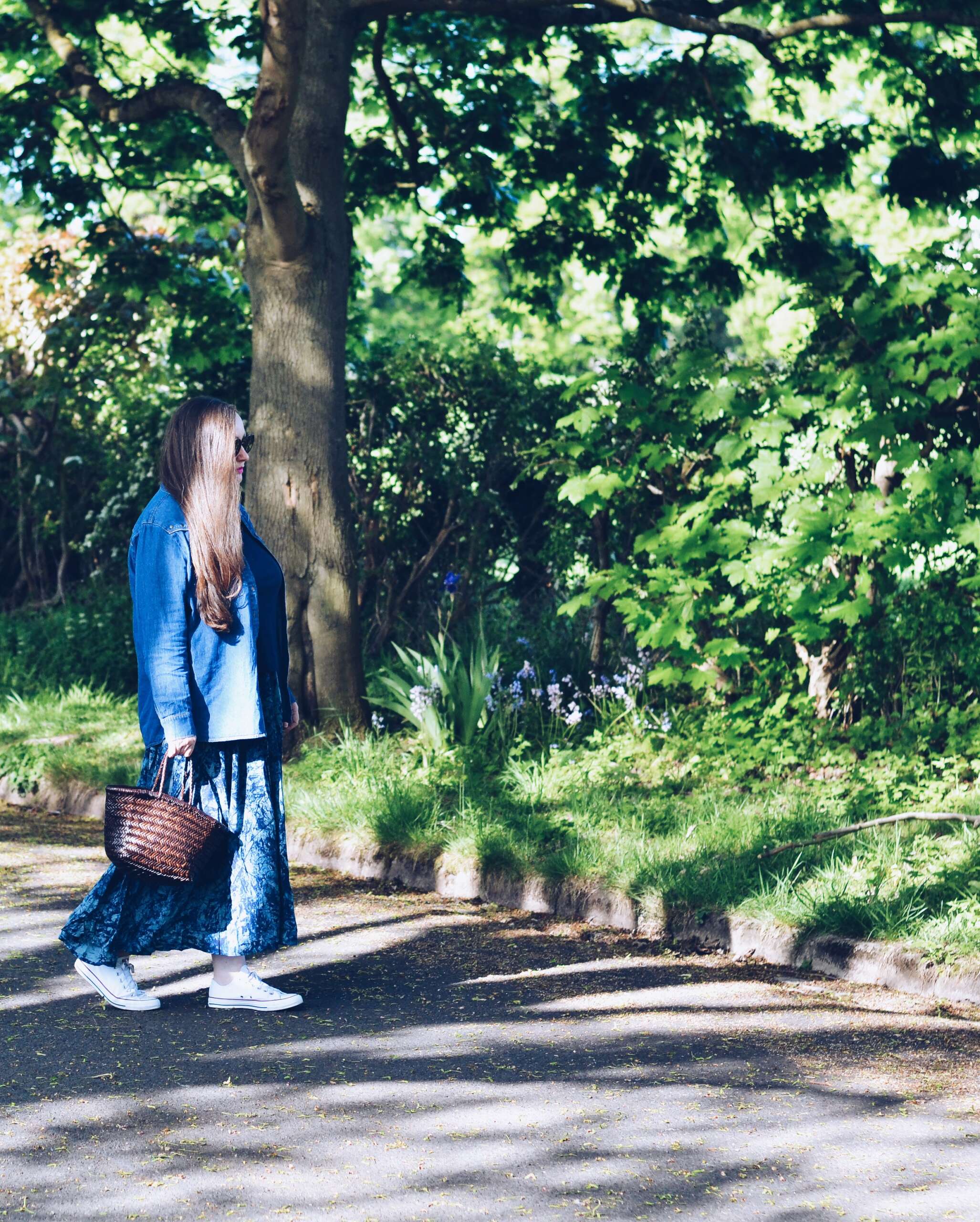 Denim shirt and maxi skirt outfit