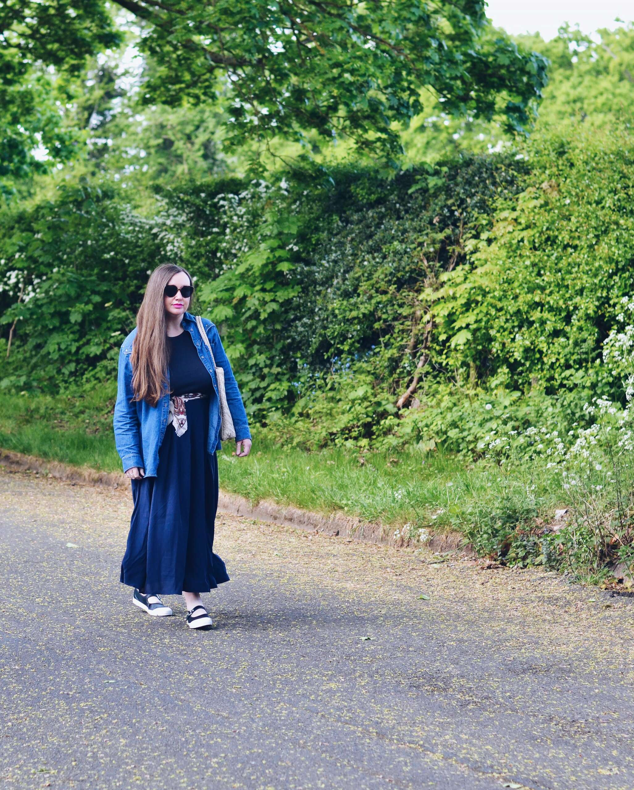Navy Maxi Dress with Denim Shirt Saint and Sofia Outfits